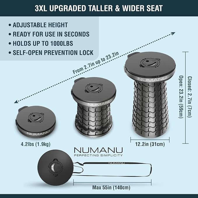 NUMANU 2026 Upgraded 3XL Oversized Collapsible Stool with Cushion & Bag, 1000lbs Max Weight, 23.2" Heavy Duty Portable Retractable Telescoping Folding Seat Chair or Travel Footrest