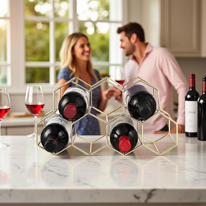 Buruis 9-Bottle Countertop Wine Rack, Honeycomb Metal Wine Holder for Red & White Wines, Standing Bottle Organizer for Home, Kitchen, or Bar, Gold