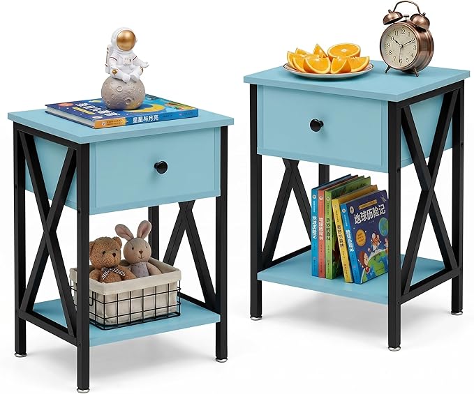 VECELO Nightstands Set of 2, Modern Bedside End Tables, Night Stands with Drawer and Storage Shelf for Living Room Bedroom, Industrial Metal Frame