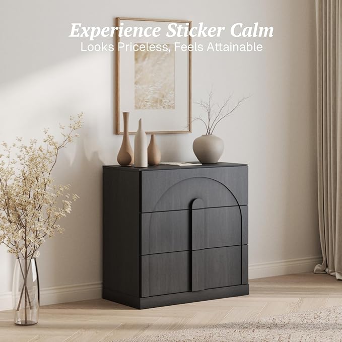 BELLEZE Sideboard Cabinet with 3 Drawers, Modern Wood Buffet Cabinet with Arc Design, Large Fluted Sideboard with Storage for Dining Room Living Room Entryway, Ebony