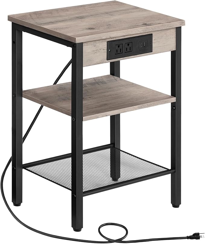 HOOBRO Side Table with Charging Station and USB Port, Small End Table for Small Space, 3-Tier Nightstand with Adjustable Shelf, for Living Room, Bedroom, Greige and Black BG112BZ01