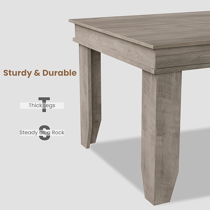 GarveeHome Farmhouse Dining Table for 4-6 People, 63 in Long Kitchen Tables with Wooden Sturdy Frame, 5 ft Large Rectangular Dinner Table for Dining Room, Kitchen, Grey, 63" Non-extendable