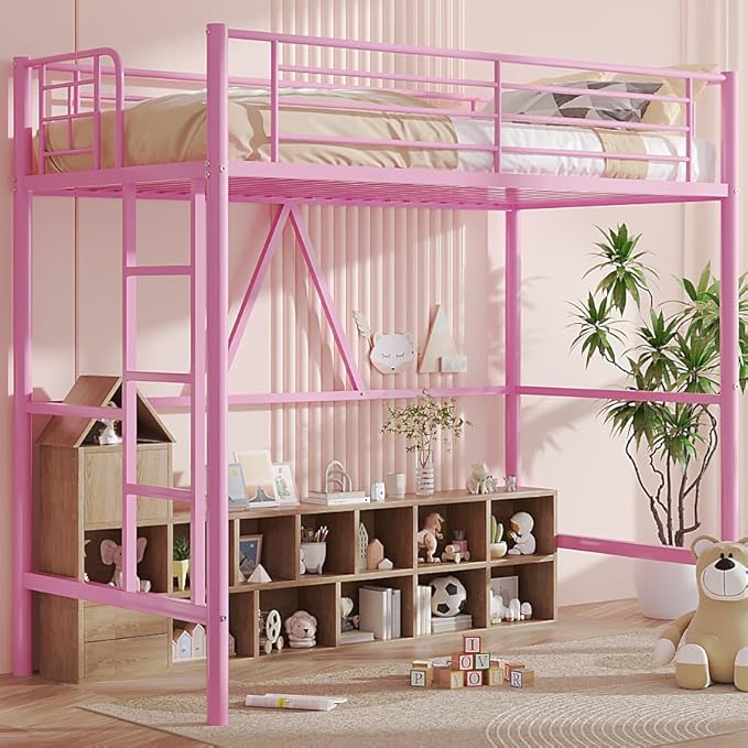 VECELO Loft Bed Twin Size, Metal Bedframe with Removable Ladder and Safety Guardrail, No Box Spring Needed, Space Saving, Noise Free, Light Pink