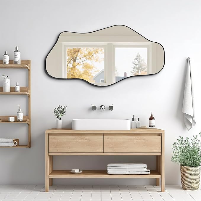 Irregular Wall Mirror, 47"x25" Asymmetrical Aesthetic Mirror with Metal Frame, Modern Organic Mirrors for Living Room Bathroom Bedroom Hallway Entryway, Horizontal or Vertical Hanging