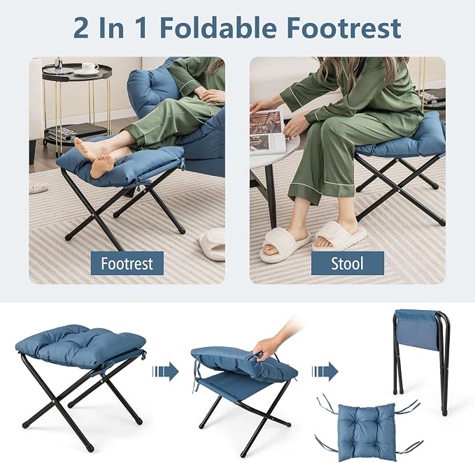 Giantex Lazy Chair with Ottoman, Accent Sofa Chair with Folding Footrest, Side Storage Pocket, Upholstered Leisure Lounge Armchair with Stool for Bedroom, Living Room, Office, Blue