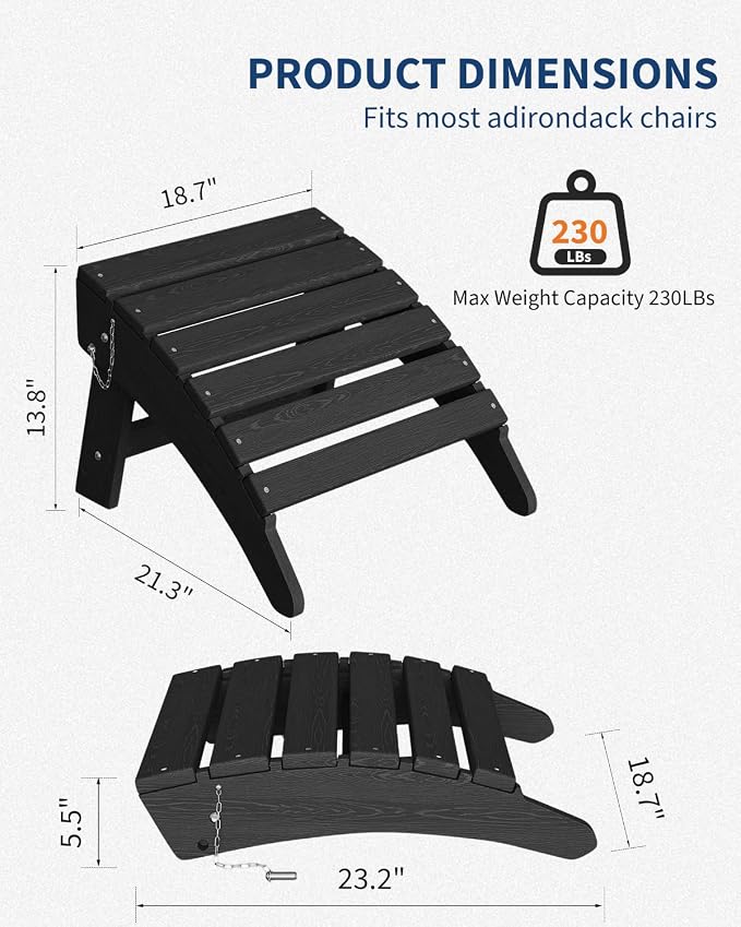 Garvee Folding Adirondack Ottoman Set of 2, HDPE Outdoor Footrest for Adirondack Chair, All-Weather Resistant for Deck Backyard Patio Outside Poolside Porch Lawn - Black