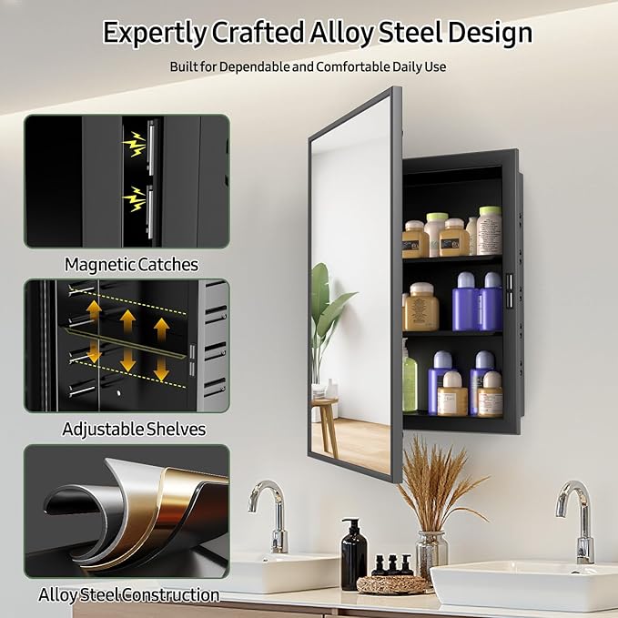 NLShan Medicine Cabinet Mirror for Bathroom: Recessed Vanity Bathroom Cabinet with Mirror Door - Black Metal Framed and Wall Mounted Design with Adjustable Shelves for Bathroom Storage
