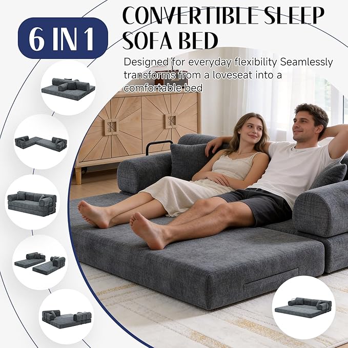 78.8" Convertible Sofa Bed with Detachable Arm Pillow, 6-in-1 Sectional Couches for Living Room, Corduroy Boneless Couch, Sleeper Loveseat Couch Bed, No Assembly, Speckled Black Couch