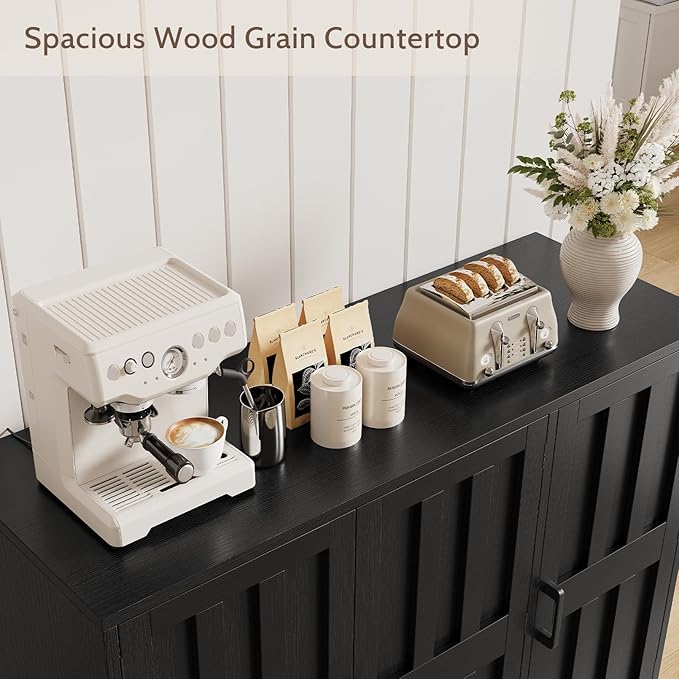 Modern Farmhouse Buffet Cabinet with Storage, 42" Large Sideboard Storage Cabinet with 3 Barn Doors, Coffee Liquor Bar Cabinet Wood Table Credenza with Adjustable Shelf for Kitchen Dining Living Room