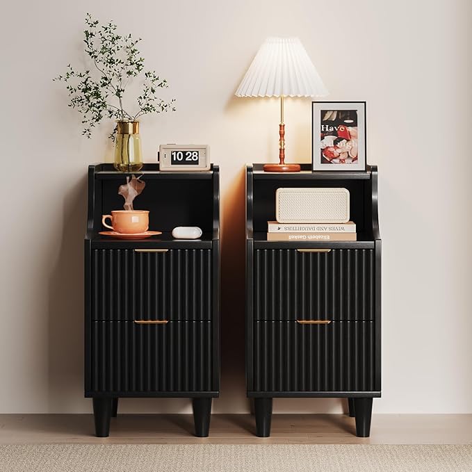 Fluted Nightstands Set of 2,Narrow Bedside Table with 2 Drawers & Storage, Farmhouse Walnut End Table Modern Side Table for Bedroom Livingroom Sofa Office, Small Space