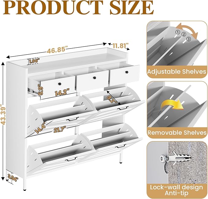 Metal Shoe Storage Cabinet for Entryway,White Shoe Cabinet with 4 Flip Drawers & 3 Top Drawers Hidden Slim Shoe Organizer Rack Freestanding Steel Entrance Shoe Cabinet with Legs for Hallway Front Door