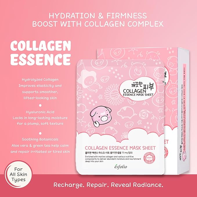 esfolio Collagen Essence Sheet Mask – Hydrating & Firming Face Mask for Glowing Skin – Anti-Aging Korean Skincare with Hydrolyzed Collagen & Hyaluronic Acid – Moisturizing Facial Mask (Pack of 10)
