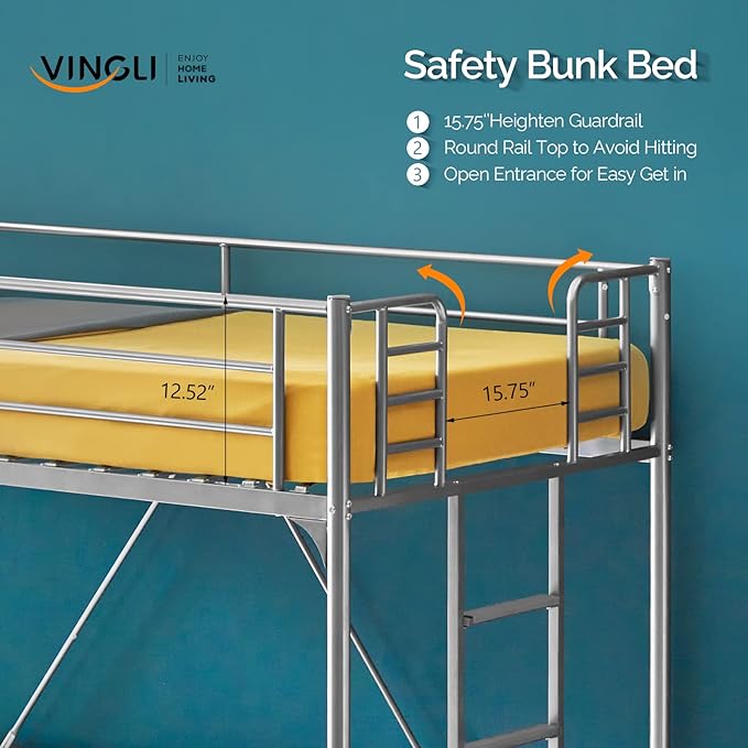 VINGLI Twin Loft Bed with Stairs Flat Steps for Kids, Adults Single Bed Space Saver Metal Loft, No Box Spring Required, Gray