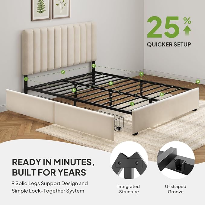 Welzona Full Bed Frame with Storage and Headboard, Velvet Upholstered Metal Platform Corner Bed Frame with Vertical Tufted Headboard, 2 Storage Drawer, 3-Height Level, Noise Free, Easy Assembly, White