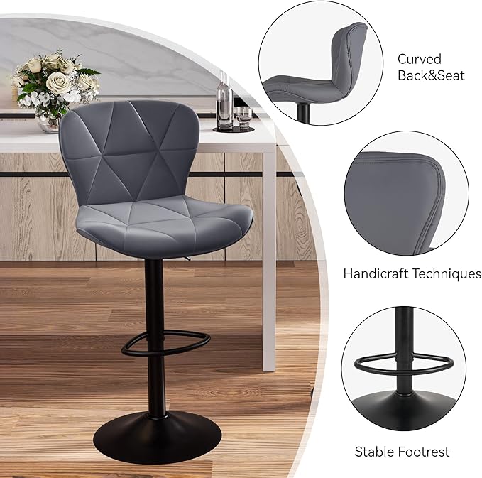 Nalupatio Modern Bar Stools Set of 3, Adjustable Faux Leather Upholstered Swivel Bar Stools, Counter Height Bar Chairs with Back for Kitchen Island, Dark Grey