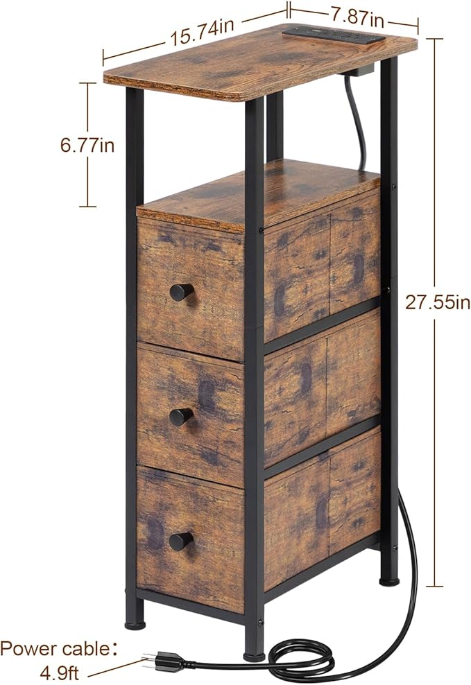 LOAKEKEL Narrow End Tables Living Room Set of 2 with Charging Station, Skinny Side Table with Fabric Drawers, Slim Nightstand for Bedroom, Small Spaces, Couch, Rustic Brown, HETNDP03PBR