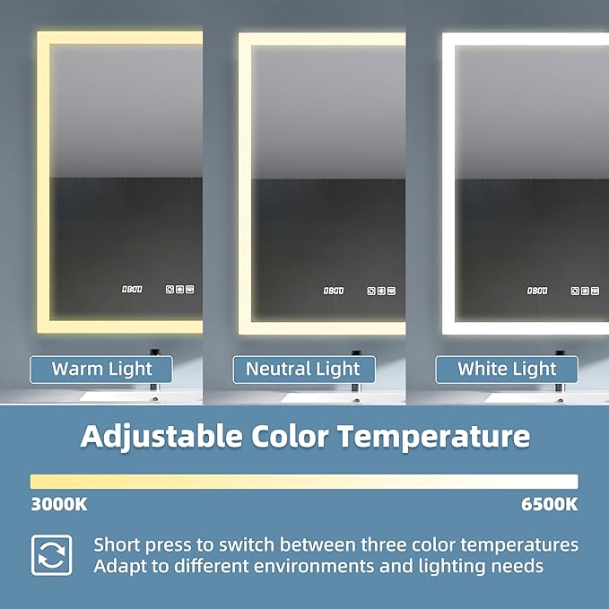 LED Medicine Cabinet Mirror with Lights, 24x30 Inch Bathroom Storage, Recessed/Wall Mount, Plug-in/Hardwired, 3 Color Dimmable Light, Anti-Fog, Time Temp Display, Right Hinge