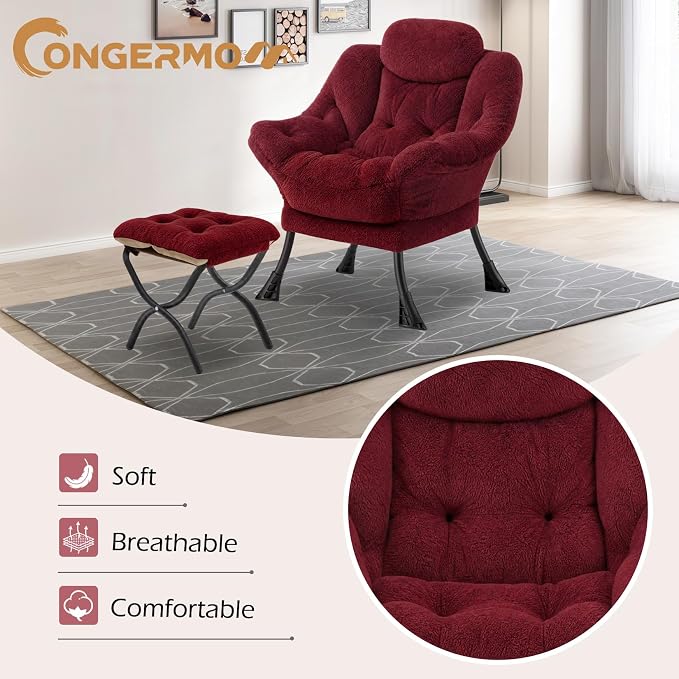Lazy Chair with Folding Ottoman,Leisure Sofa Chair,Soft Fabric Armchair with Armrests and Side Pockets, Reading Chair with Footrest for Living Room, Bedroom, Office (Plush Red)