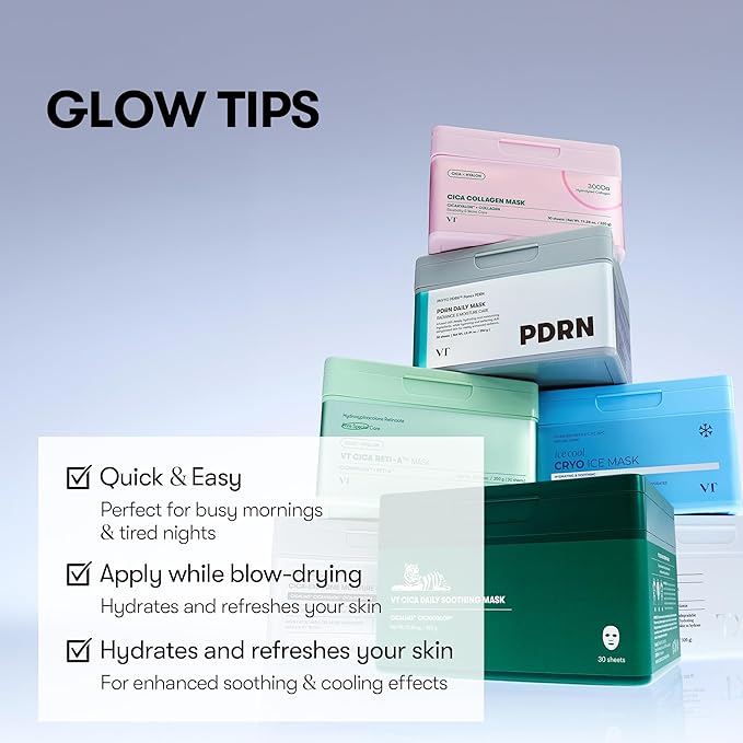 VT COSMETICS CICA Pink Daily Mask 30 Sheets, 300Da Low Molecular Collagen for Skin Elasticity, Hydrating & Firming, Pink Collagen Essence, Korean Face Mask