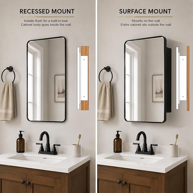 Fundin Black Plastic Medicine Cabinet, Mirror Door with Round Corner Metal Frame, Recessed and Surface Mount Bathroom Wall Medicine Cabinet, 16 x 28 inch Mirror Size