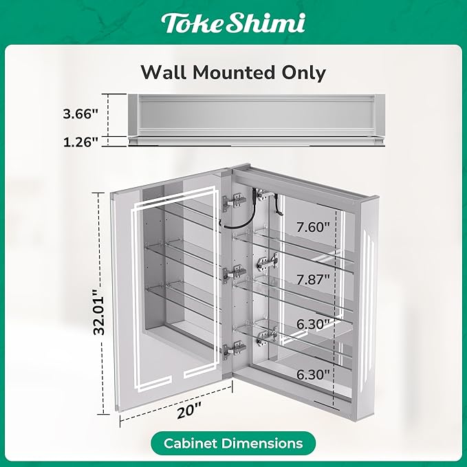 TokeShimi 20x32 Inch Lighted Medicine Cabinet, LED Medicine Cabinet with Lights, Wall-Mounted Bathroom Cabinet Mirror with 3 Color Temperature, Anti-Fog, CRI 80+, Memory Function, Tempered Glass