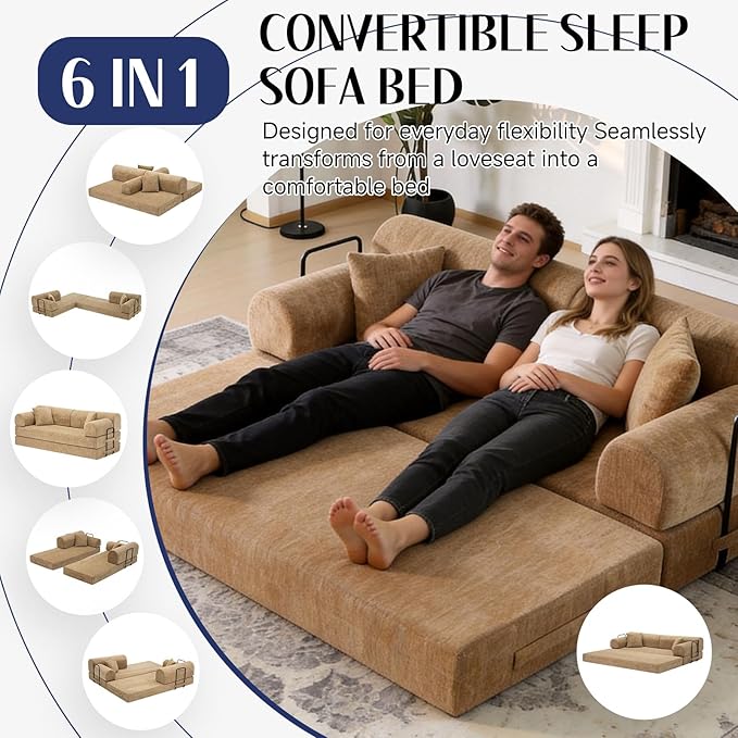 78.8" Convertible Sofa Bed with Removable Arm & 2 Pillows, 6-in-1 Corduroy Boneless Couch for Living Room, High-Density Sponge Sectional Couches, Sleeper Bed Loveseat, No Assembly, Ochre