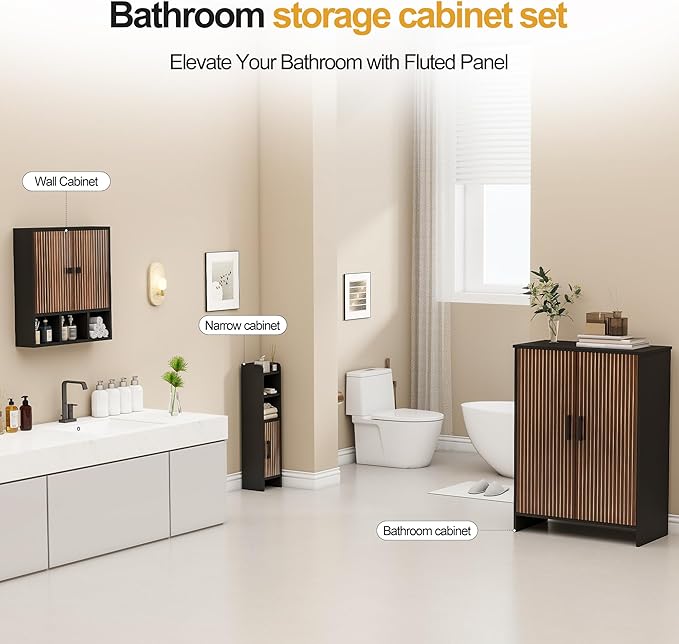 Bathroom Wall Cabinet,Wooden Medicine Cabinet with Fluted Doors Over The Toilet Storage Cabinet with Adjustable Shelf for Bathroom,Black