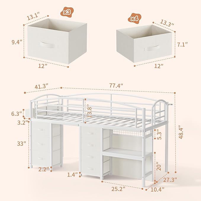 Twin Low Loft Bed with Desk, 7 Storage Drawers & LED Lights, Kids Metal Loft Bed with 12" H Safety Guardrail, Underbed Play Space & Curtain, Anti-Collision Pad (White)