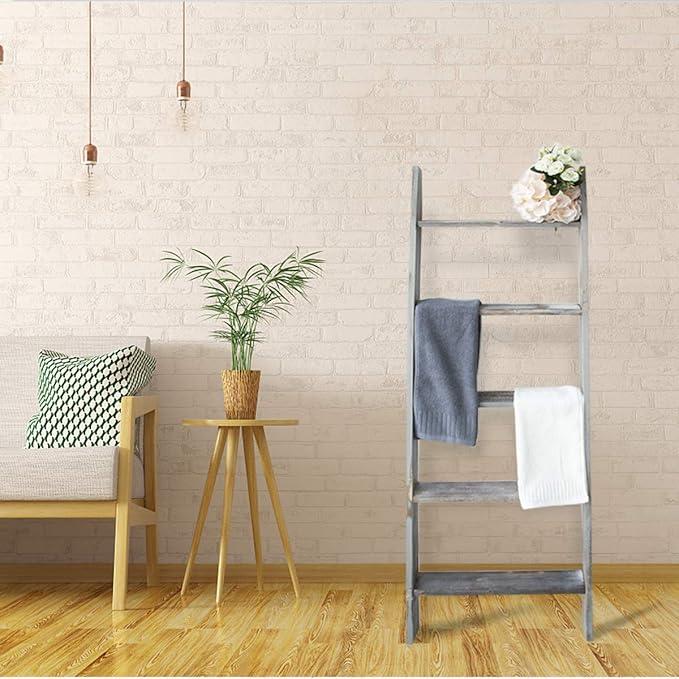 Honest Blanket Ladders for The Living Room, 5-Tier Blanket Holder, Wall-Leaning Blanket Rack, Ladder Shelves, Wooden Quilt Ladder, Farmhouse Decor, Grey