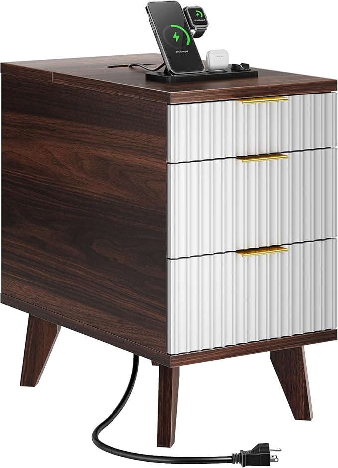 Kalrin Charging Nightstand with Hidden Outlets & 3 Drawers, Modern End Table, Bedside Table with USB Ports, Wave Groove Design, Compact Size, Heavy Duty Engineered Wood, Brown & White
