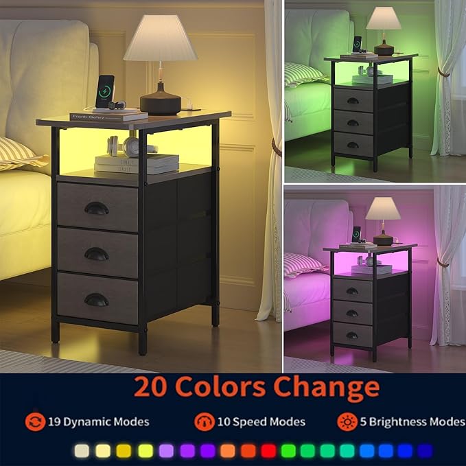 sthmec End Table with Charging Station,LED Side Tables with USB Ports and Outlets,Narrow Nightstands Bedside Tables with 3 Drawers for Small Space,Slim Sofa Table for Livingroom,Grey