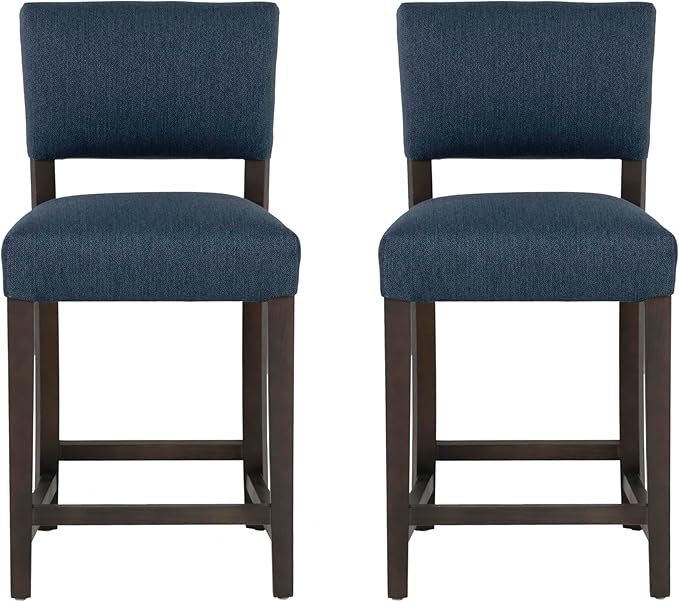 Linon Brasko Dark Espresso Wood with Dark Blue Upholstery 24" Seat Height Counter Stool in a Set of 2