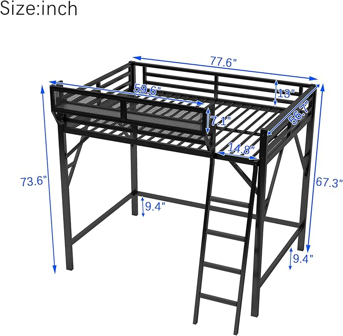 KEIKI Full Size Metal Loft Bed Frame with Ladder and Built-in Storage Shelves, for Teens, Modern Style Loft Bed with Solid Slats, Guardrail, No Box Spring Required, Easy Assembly, for Bedroom, Black