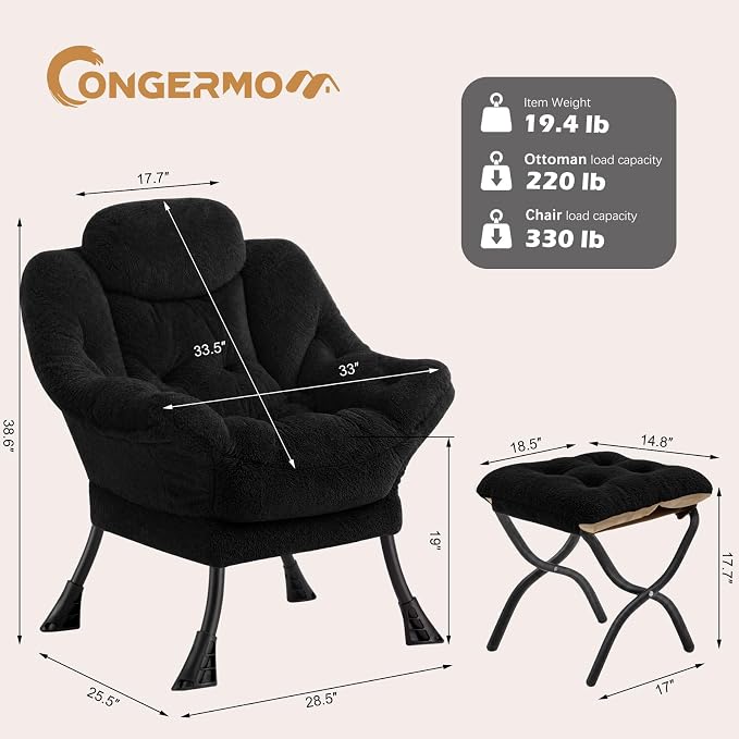 Lazy Chair with Folding Ottoman,Leisure Sofa Chair,Soft Fabric Armchair with Armrests and Side Pockets, Reading Chair with Footrest for Living Room, Bedroom, Office (Plush Black)