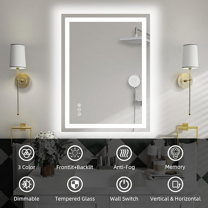 36"x 24" LED Bathroom Mirror with Lights, Anti-Fog, Dimmable, Backlit + Front Lit Smart Mirror, Lighted Bathroom Vanity Mirror for Wall, Shatter-Proof Tempered Glass(Horizontal/Vertical)