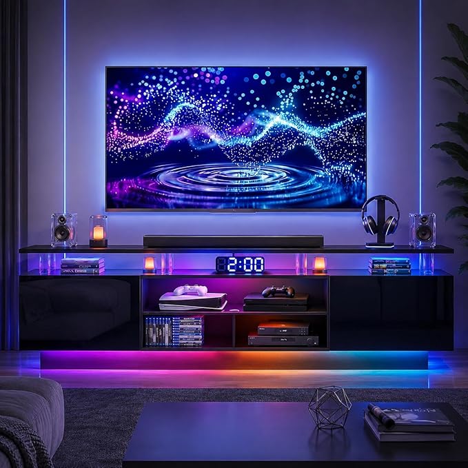80” High-Glossy TV Stand with 2 Side Cabinets, Storage Entertainment Center, Modern Stylish TV Console with 3 Layer LED Lights&Power Outlets,Remote&APP Control for Living Room Use Black