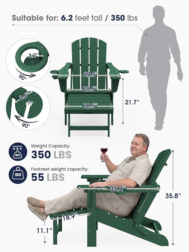 KINGYES Adjustable Folding Adirondack Chair with Ottoman & 2 Cup Holders Set of 2, HDPE Adirondack Reclining Chair with Footrest, Green