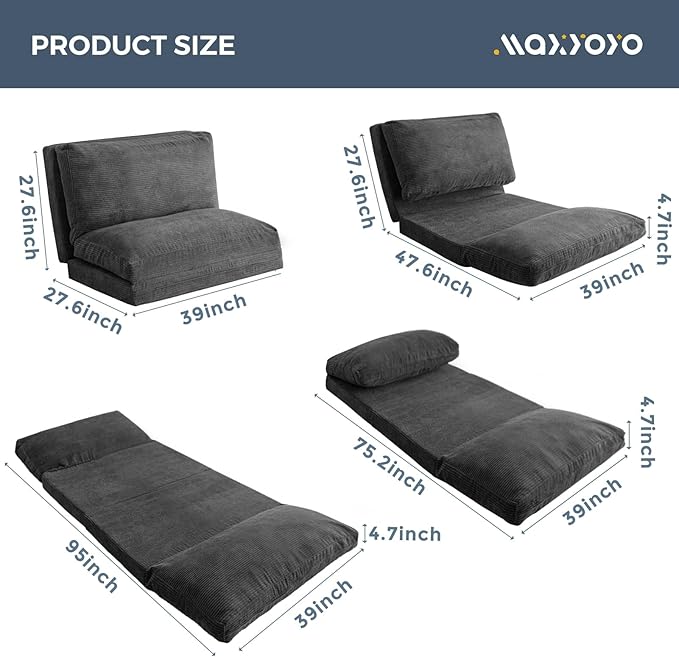 MAXYOYO Folding Sofa Bed, Extra Thick and Long Floor Sofa Convertible Sleeper Chair with Washable Cover, Floor Couch Lounge Bean Bag Bed for Living Room, Dark Grey, 39x95 Inch