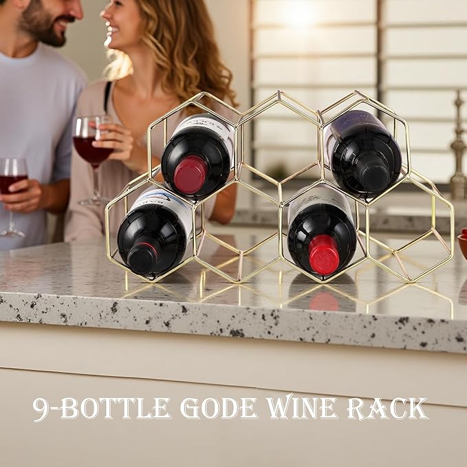 Buruis 9-Bottle Countertop Wine Rack, Honeycomb Metal Wine Holder for Red & White Wines, Standing Bottle Organizer for Home, Kitchen, or Bar, Gold