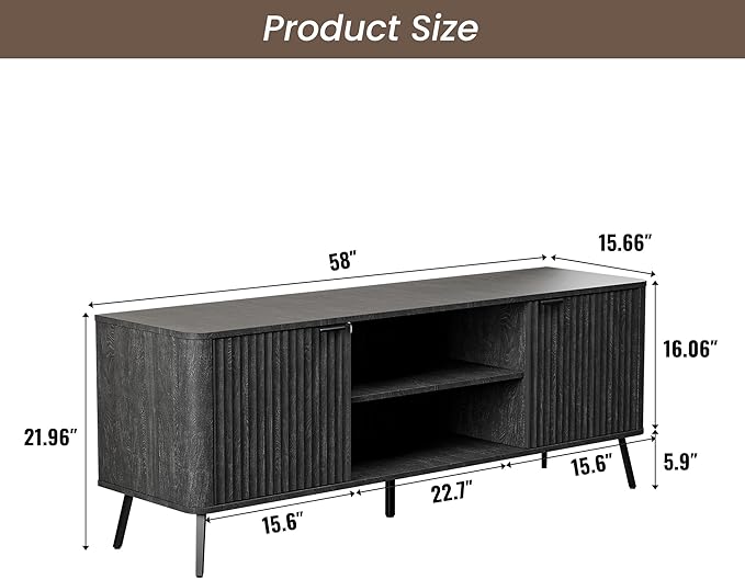 Fatmok TV Stand, 58" Modern Media TV Console Table with Storage for 55/60/65 inch TV, Mid Century Entertainment Center with Fluted Door Cabinets and Open Shelves TV Cabinet for Living Room, Bedroom