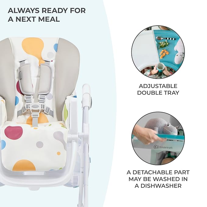 Kinderkraft Highchair Yummy, Baby Chair, Ergonomic, Comfortable, Reclining, Foldable, with Ajustable Height, Footrest, Detachable Double Tray, for Toddler, from 6 Month to 3 Years, Multicolor