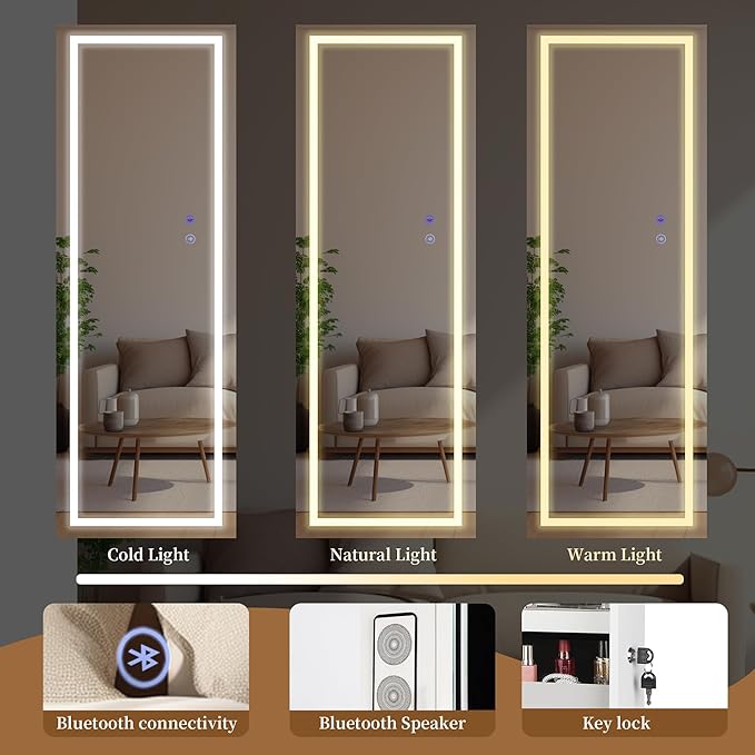 LED Mirror Jewelry Cabinet with Bluetooth Speaker ，Door/Wall Mounted,Equipped with Three Color Light Strips,Full-Length Illuminated Mirror,Jewelry Storage Function