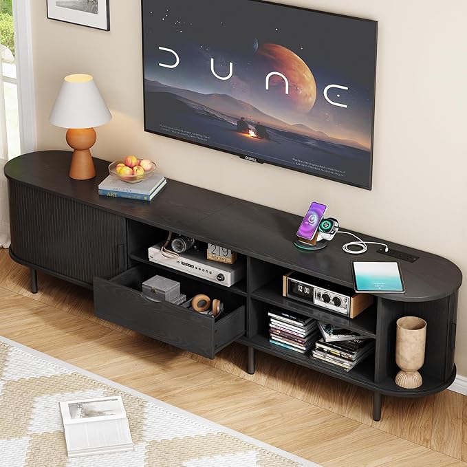 ONBRILL 86.6" TV Stand with Power Outlet for TVs up to 90", Entertainment Center with Storage and Drawer, TV Console with Adjustable Shelves and Sliding Door, TV Stand for Living Room, Bedroom, Black