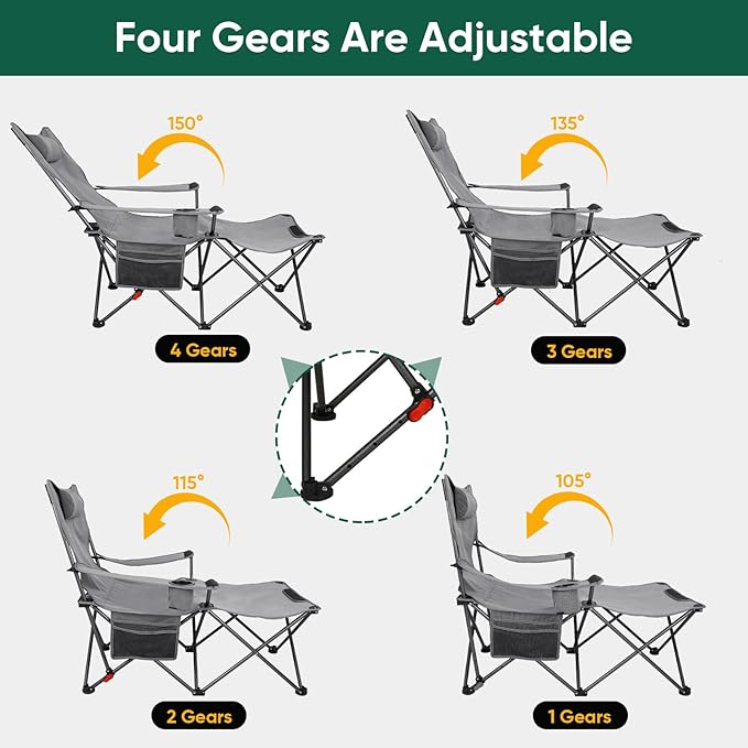 Northroad Foldable Camping Chair w/Foot Rest, Outdoor 6 Legged Beach Chair w/Footrest, Adjustable 90°- 135° Reclining Lounge Chair w/Detachable Pillow, Cup Holder & Carry Bag