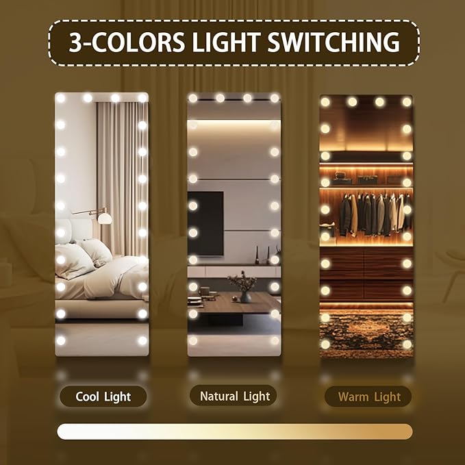 Kosmonia 66x22 Hollywood Full Length Mirror with Light, 22 Dimmable Bulbs & 3 Color Smart Touch Control, Distortion Free, Tempered Glass, Safe Full Body Mirrors with Stand