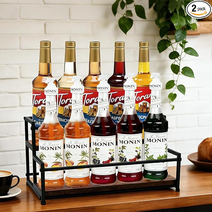 Coffee Syrup Rack Organizer - Metal Bottle Holder for 10 Bottles – Rustic Countertop Display Shelf for Coffee Bar, Kitchen Cabinet, Pantry Storage for Syrups, Liquor, Spice, Tea & Wine (2-Tier)