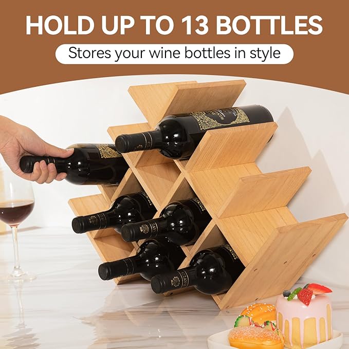 KIRIGEN 13-Bottle Wine Rack, 4-Tier Solid Wood Countertop Wine Holder, Freestanding Bottle Storage Shelf for Kitchen, Bar, Cabinet, Pantry, 22.28 x 5.9 x 13.9 in, XHJJ4-NA