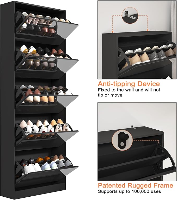 Shoe Storage Cabinet with Full Length Mirror, 30 Pairs & 5 Flip Drawer, Free Standing Shoe Rack Cabinet, Narrow Shoes Organizer for Front Door, Entryway (2-Shelf of Drawers, Black)