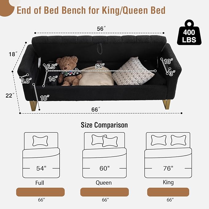 66'' Storage Bench for Bedroom End of Bed King Size, Long Bedroom Benches for Foot of Bed with Gold Legs, Comfy Bed Bench with Storage, Pillows for Entryway, Windows, Black Teddy