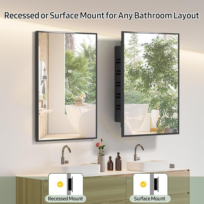 NLShan Medicine Cabinet Mirror for Bathroom: Recessed Vanity Bathroom Cabinet with Mirror Door - Black Metal Framed and Wall Mounted Design with Adjustable Shelves for Bathroom Storage